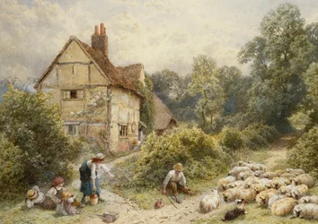 Fowl House Farm, Witley, with Children, a Shepherd and a Flock of Sheep Nearby
