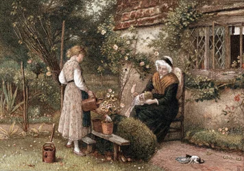 Youth and Age. Chromolithograph after painting by Myles Birkett Foster, English artist, published London 1866