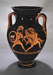 Attic red-figure belly amphora depicting the Abduction of Antiope with Theseus and Pirithous, c.500-490 BC