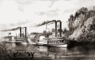Steamboats racing on the Mississippi river, USA