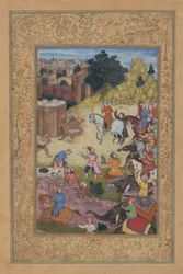 A Bathhouse Keeper is Consumed by Passion for his Beloved, Folio from a Khamsa, 1597-98