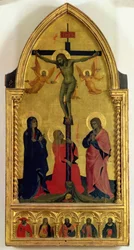 The Crucifixion with mourners and St. Mary Magdalene, the predella panel depicting SS. Jerome, Paul, James, Peter and an unknown saint