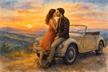 Vintage Car Sunset Kiss