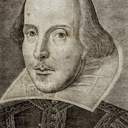 Detail of Portrait of William Shakespeare on frontispiece of Comedies, histories