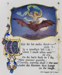 Illuminated page from a book of Shakespeare sonnets depicts a scene from The Tempest