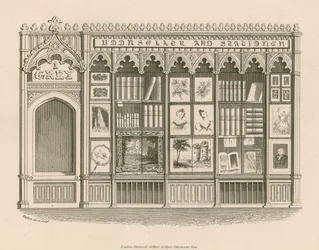Gothic shop front design for a Bookseller and Stationer, designed to evade lease restrictions on a normal shop front