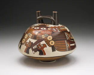 Vessel Depicting a Masked Warrior Holding Trophy Heads, 180 B.C.-A.D. 500