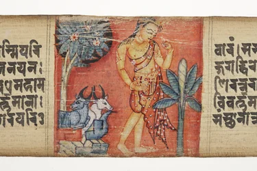Sudhana Traveling Through a Rocky Landscape with Two Bulls, from the Gandavyuha