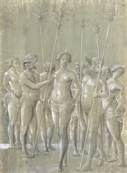 Five Nude Soldiers Holding Poles, Two Wearing a Helmet, and Three Nude Women