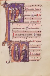 Historiated initials P depicting the Elevation of the Host and D depicting the Church and the Synagogue, from a Missal from the Abbey of St. Peter the Great