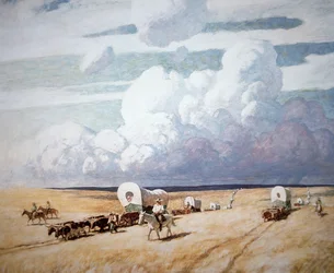 Covered wagons heading west
