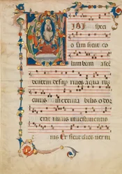 Manuscript Leaf with the Assumption of the Virgin in an Initial V, from an Antiphonary, ca. 1340