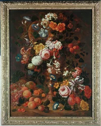 Roses, Dahlias, Convolvulus, a Tulip and Other Flowers in a Sculpted Urn, with Grapes, Plums and Peaches Nearby