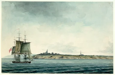 Sixth-rate HM ship sailing past the English coast