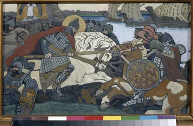 Alexander Nevsky (1220-1263) striking Birger Jarl (1210-1266). Episode of the Battle of the Neva (1240)