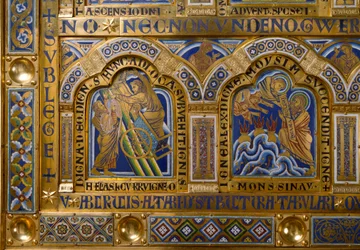Verdun Altar made in gold and enamel by Nicolas de Verdun (ca.1130/50-1205): scenes from the Old and New Testament: (detail) depicting the Ascension of Elijah and Moses receiving the Tables of the Law. 12th century Klosterneuburg Vienna, Austria