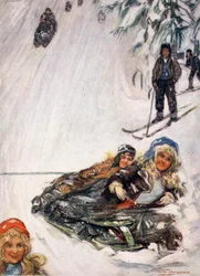 Girls on overturned sledge, Holmencollen