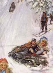 Norway: Girls on Overturned Sledge, Holmencollen