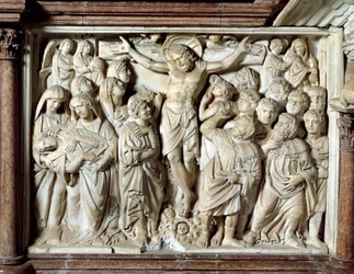 Italy, Tuscany, Pisa, Piazza dei Miracoli, Cathedral, Marble Pulpit, Panel with Crucifixion by Giovanni Pisano