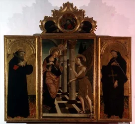Triptych: Central Panel Depicting the Annunciation with God Above and Side Panels Bearing the Figures of Two Saints
