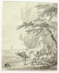 Man Herding Cows and Sheep