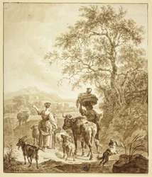 Shepherdess and Peasant with Flock in Italianate Landscape