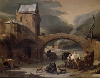 A Winter Landscape with Peasants and Horses on a Frozen Canal by a Fortified Bridge