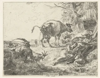 Sleeping Shepherd Family and Resting Cattle