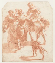 Two Walking Women and a Woman on a Donkey