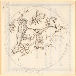 Apollo Steering His Sun Chariot Upwards; Above, the Zodiac Sign of Cancer; Circular Frame; Depicts the Shortest Day