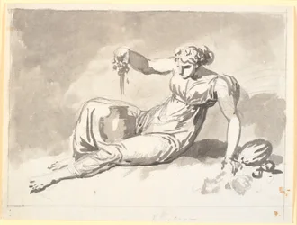 Autumn, a seated woman pressing grapes
