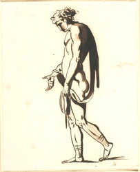 A Walking Naked Man in Profile to the Left, with Outstretched Right Hand