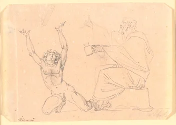 A Man Dressed in a Toga Sitting with a Lantern in His Left Hand, to His Left Kneels a Naked Man with Raised Arms