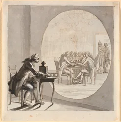 A Man with a Magic Lantern Showing a Picture of the Privy Councillor