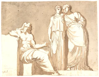 A seated man and two standing female figures