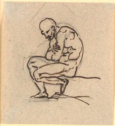 A Seated Hunched Naked Man in Profile to the Left