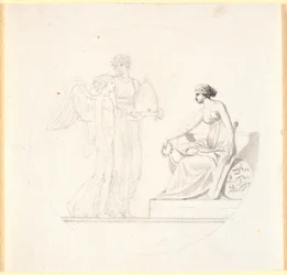 A young woman with a beehive leads a winged young man towards a seated female figure