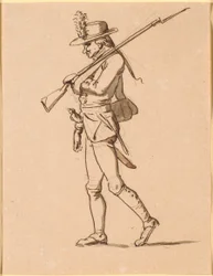 Caricature of a Soldier in Profile to the Left. His Left Arm is in a Sling but Still Carries a Rifle.