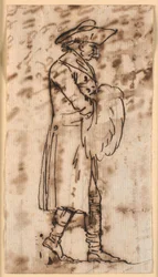Caricature of a Walking Man with Hands in a Muff, in Profile to the Right