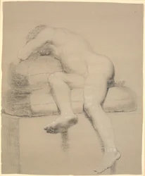 Reclining Male Model, Seen in Foreshortening from the Feet