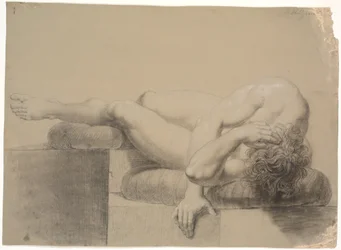Reclining Model. To the Left. Head and Upper Body Resting on a Pillow, Legs Raised and Left Leg Resting on Another Pillow