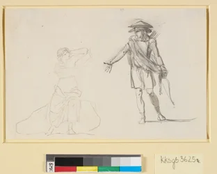 Scene Between Two Figures. To the Left a Seated Woman with Bare Upper Body, to the Right a Walking Man with Bow and Quiver
