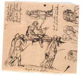 The Triumph of Justice. Four Armed Men Carrying a Bier, with a Reclining and a Sitting Figure