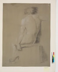 Seated Model on High Plinth with Cushion. Seen from Behind. Right Arm Cut Off. Left Arm Hanging Down. Legs Crossed
