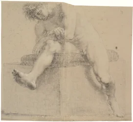 Seated Model on Low Plinth with Pillow. Arms Crossed. Left Leg Bent, Right Leg Extended