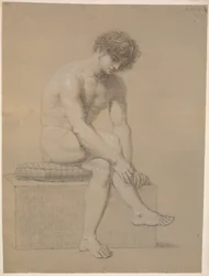 Seated Model on Low Plinth with Cushion. Turned to the Right. Hanging Arms. Crossed Legs