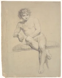 Seated Model on Low Plinth with Cushion. Seen from the Front. Crossed Legs