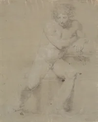 Seated Model on Plinth with Cushion. Seen from the Front. Right Hand Under Left Armpit