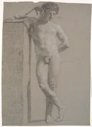 Standing Model. Seen from the Front. Right Arm Supported on High Plinth. Legs Crossed