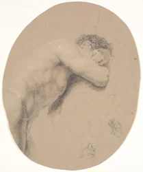 Standing Model, Leaning Against a High Plinth, with Folded Arms Partially Hiding the Head. Two Studies of a Hand